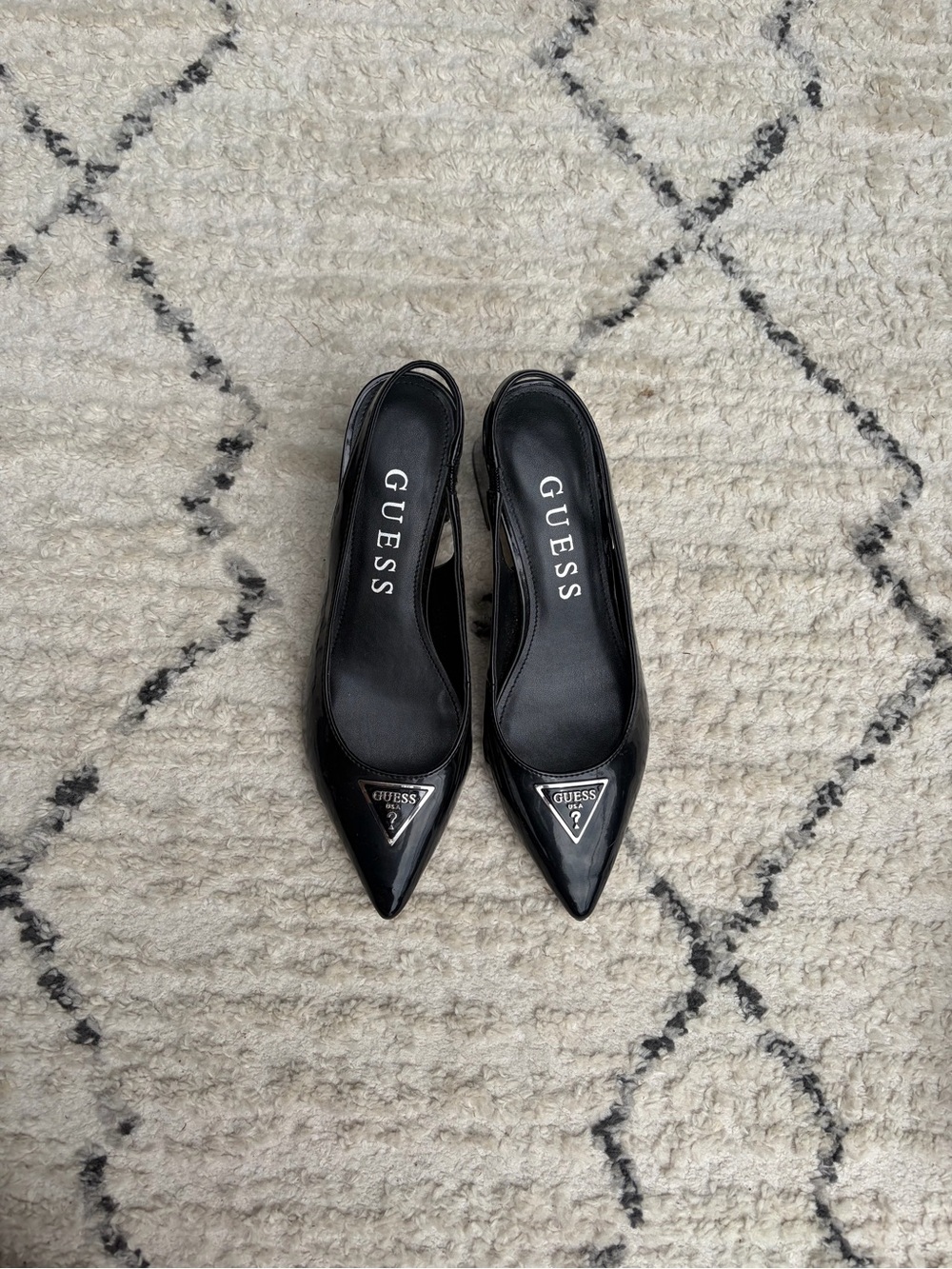 GUESS Black Patent Pointed Toe Slingback Heels with Logo Accent